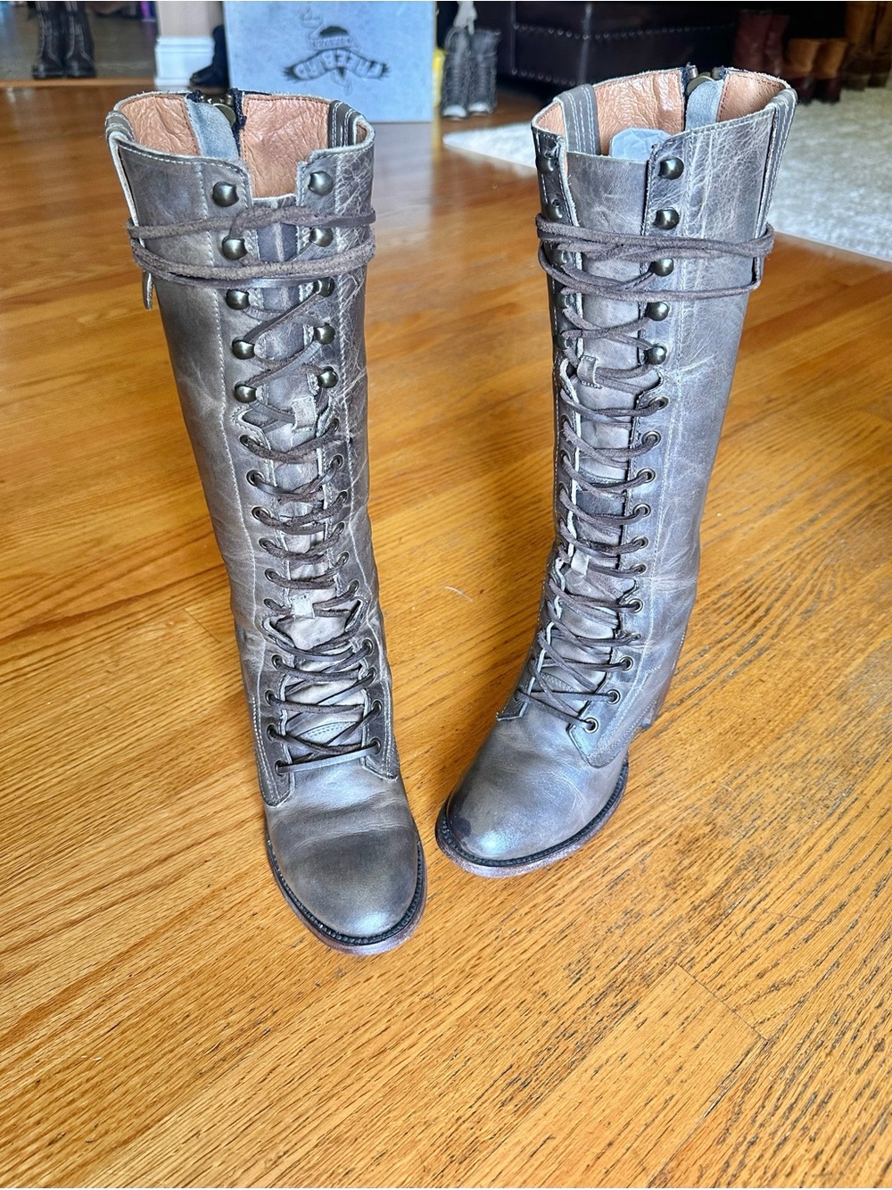 Freebird by Steven Granny Tall Lace-Up Leather Boots, Stone — Gray Brown